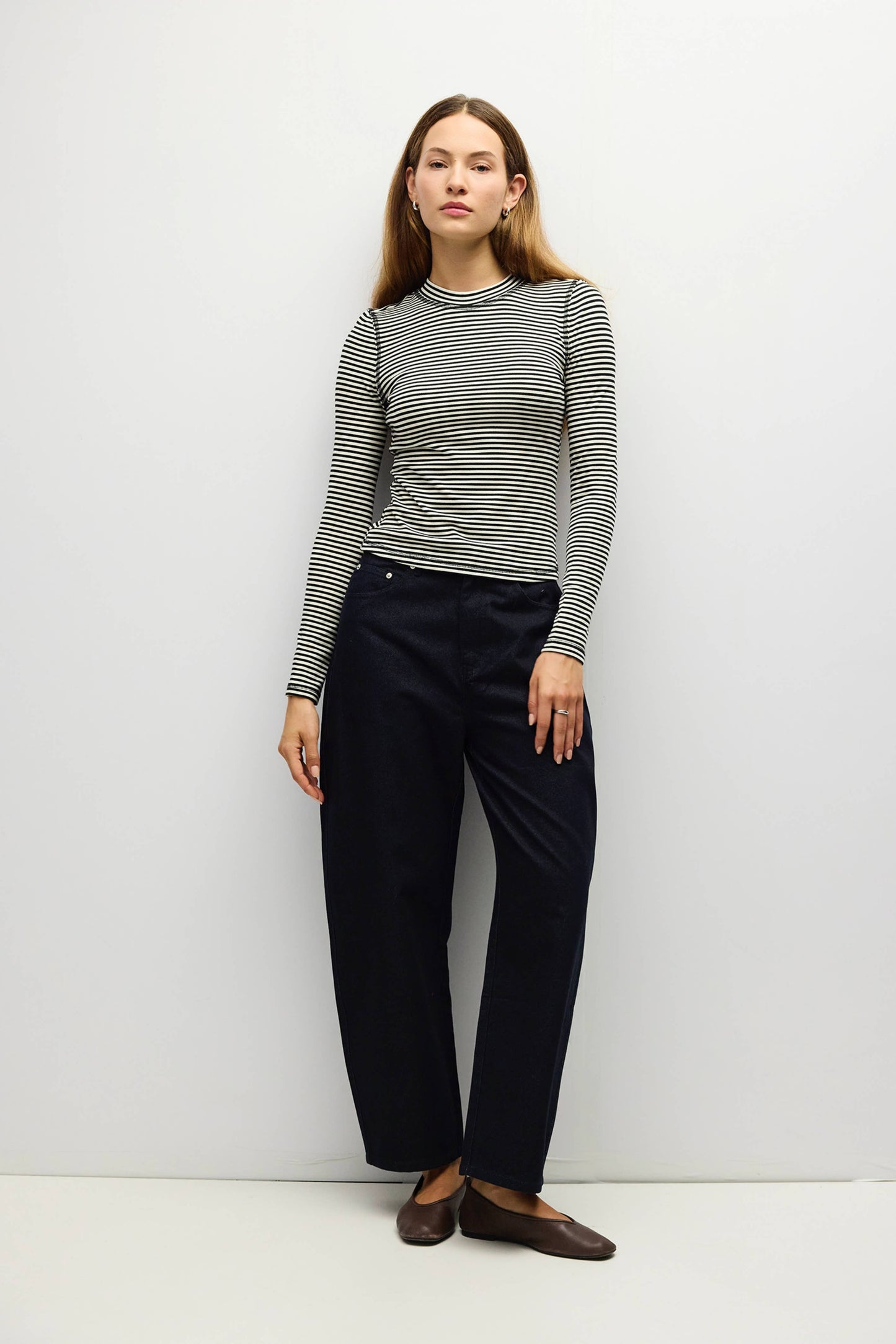 Mock Neck Striped Long Sleeve Tee