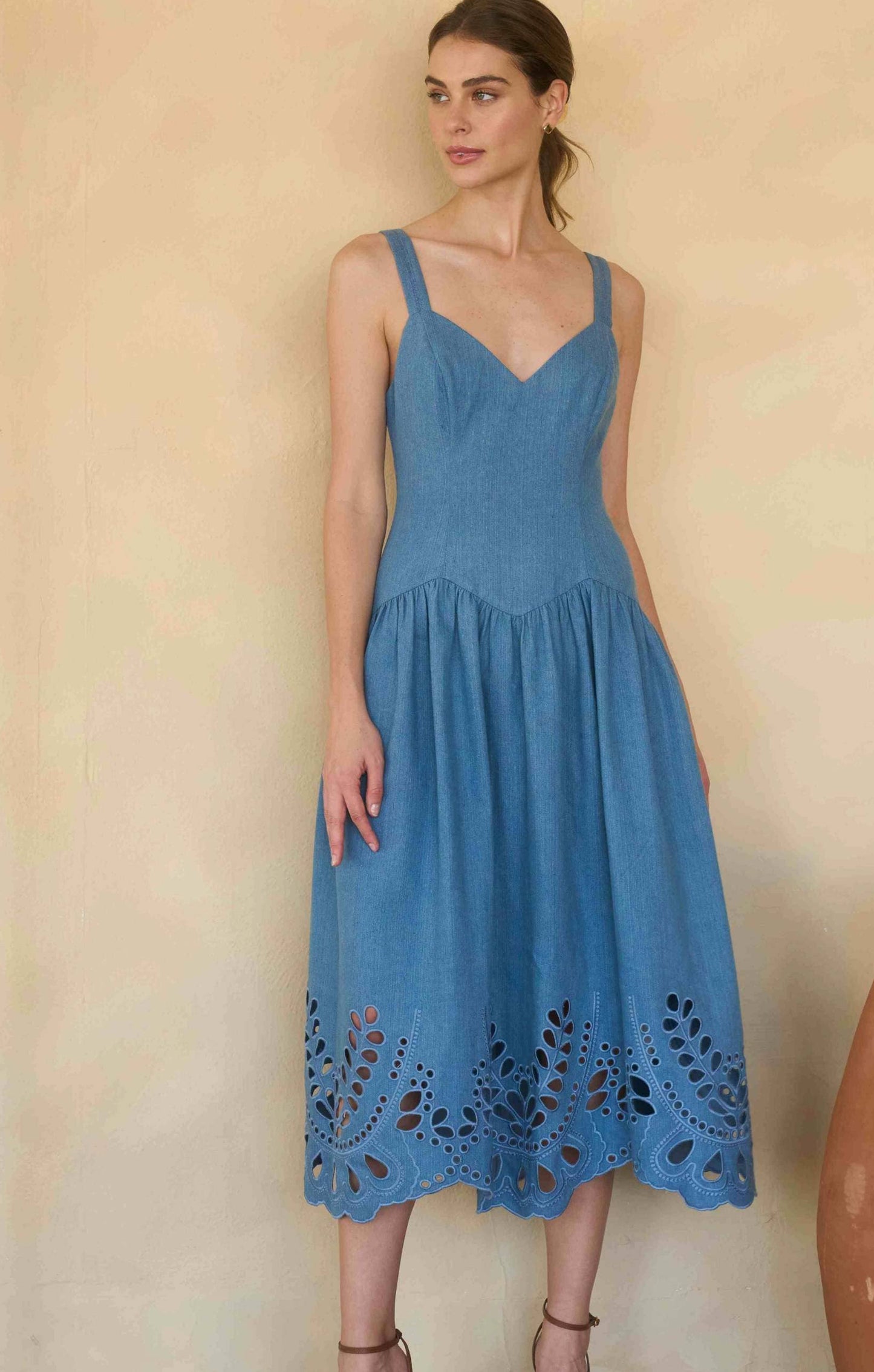 Denim V-Neck Eyelet Detail Midi Dress