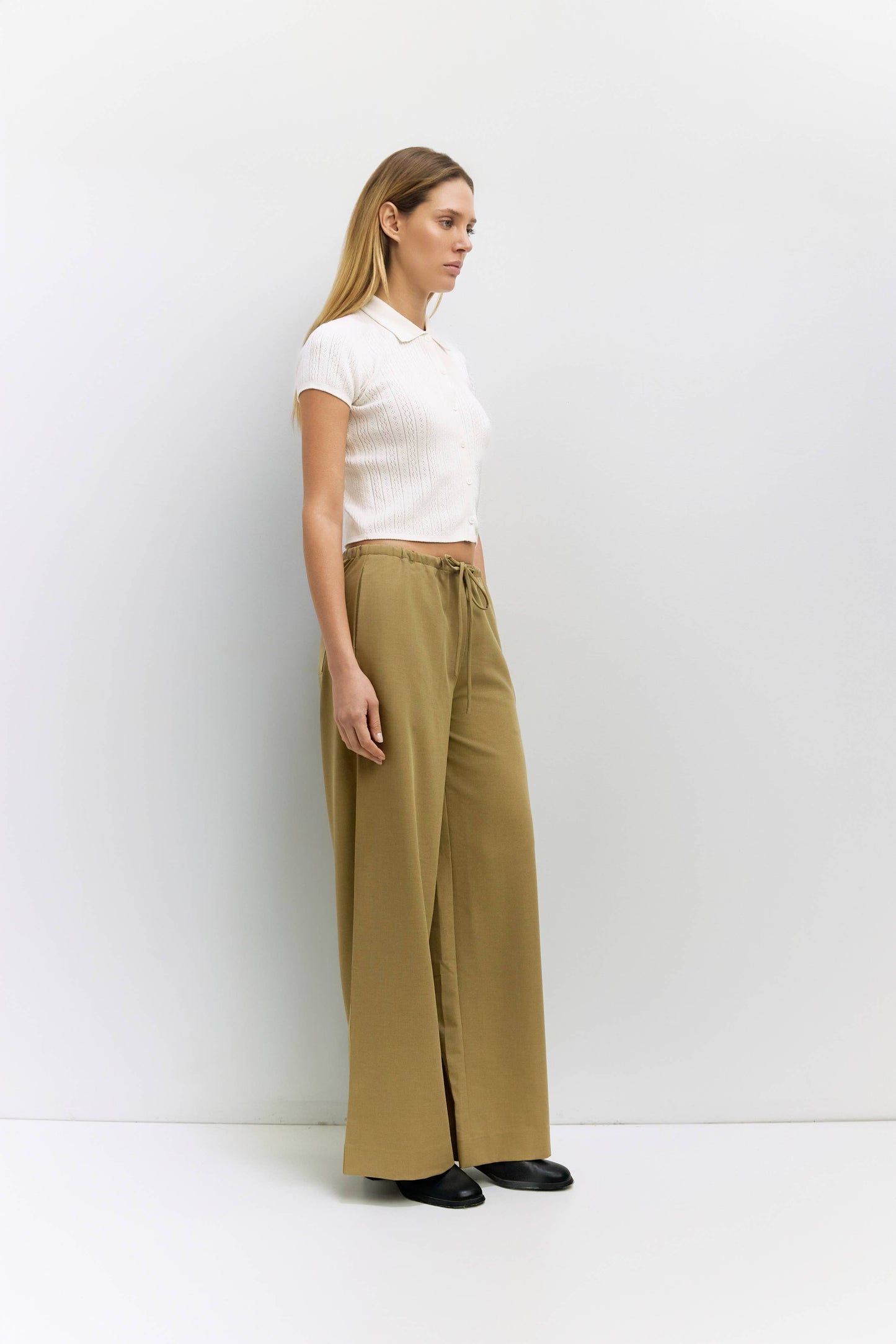 Pointelle Collared Button Top