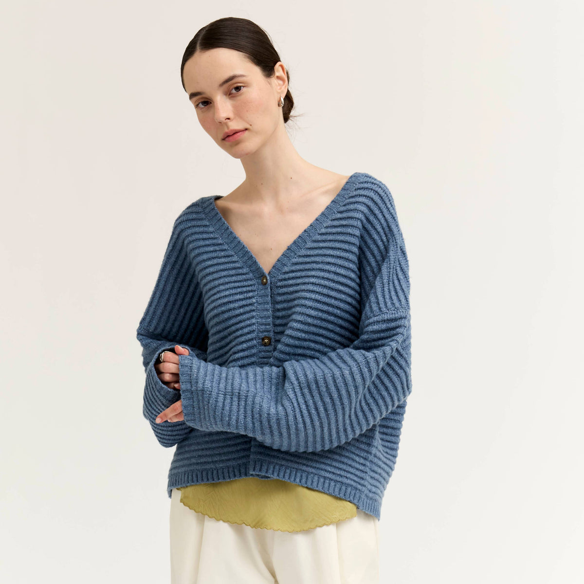 Dusty Blue Textured V-Neck Cardigan