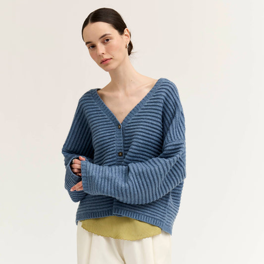 Dusty Blue Textured V-Neck Cardigan