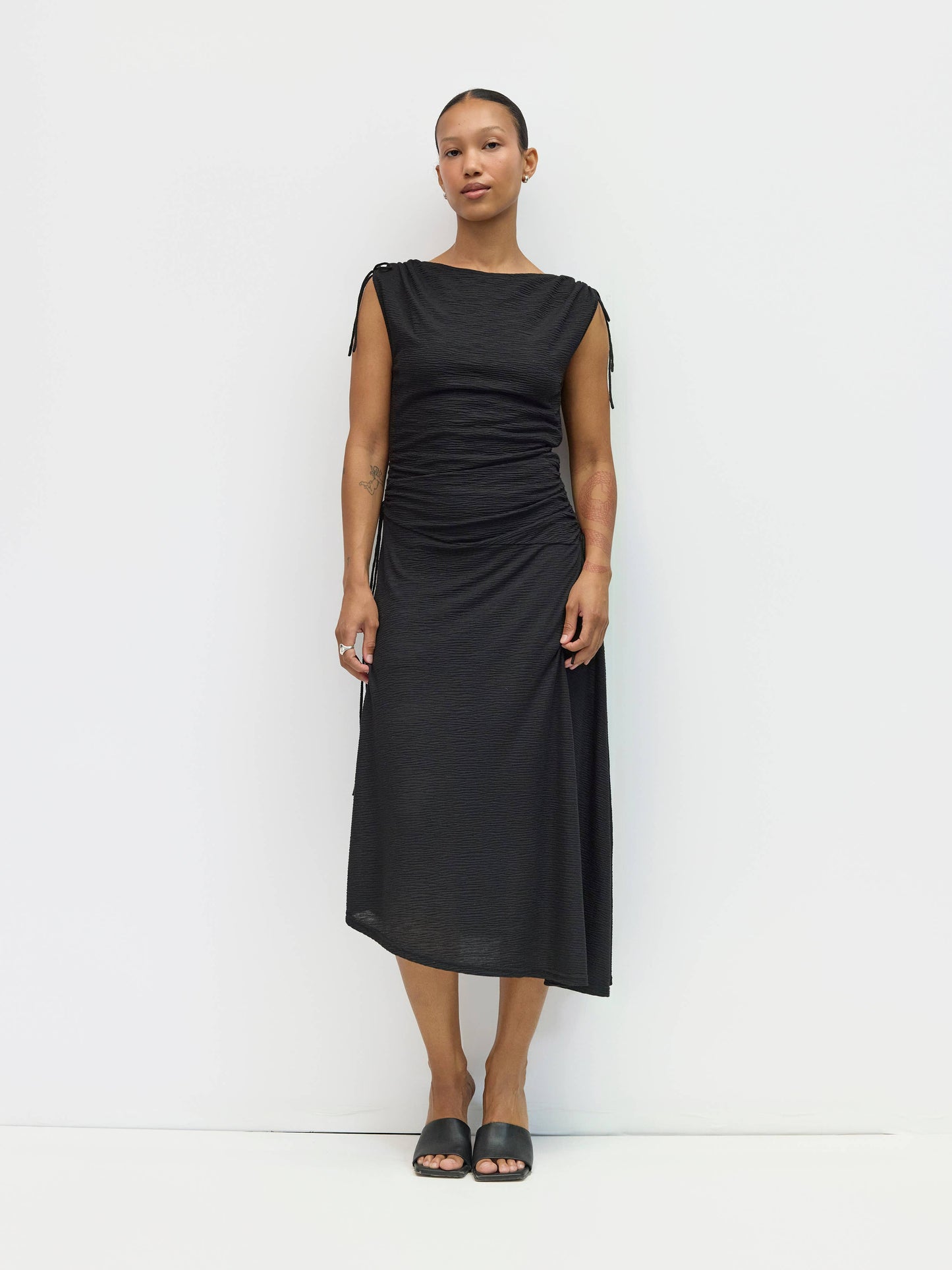 Black Asymmetrical Textured Crinkle Midi Dress