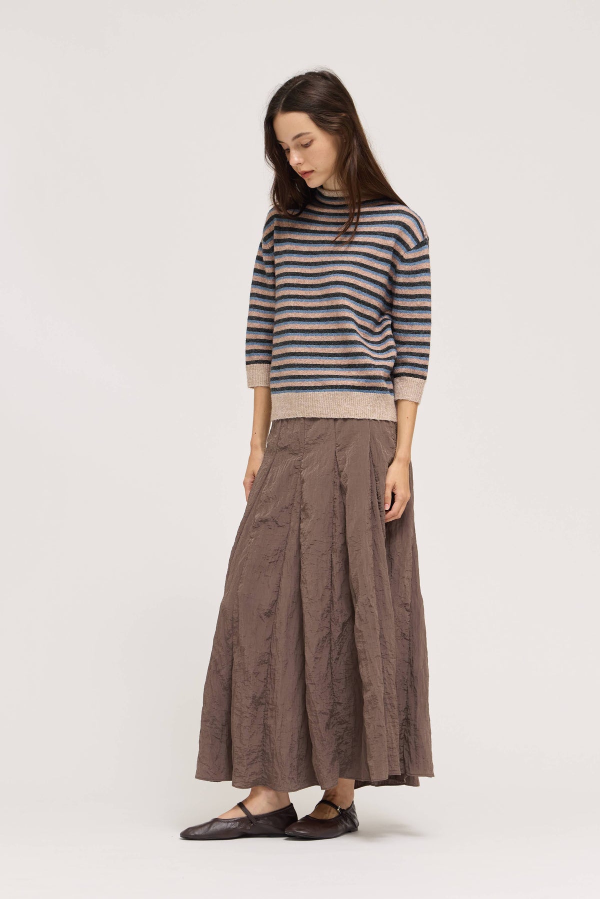 Striped Mock Neck Quarter Sleeve Sweater