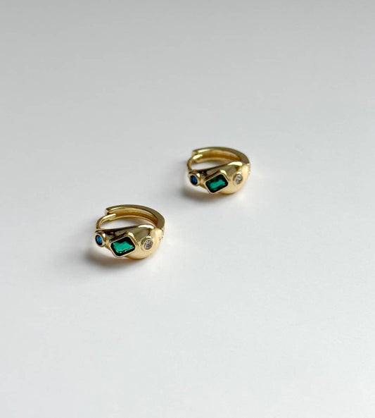 Gold Filled Blue and Green CZ Hoop Earrings