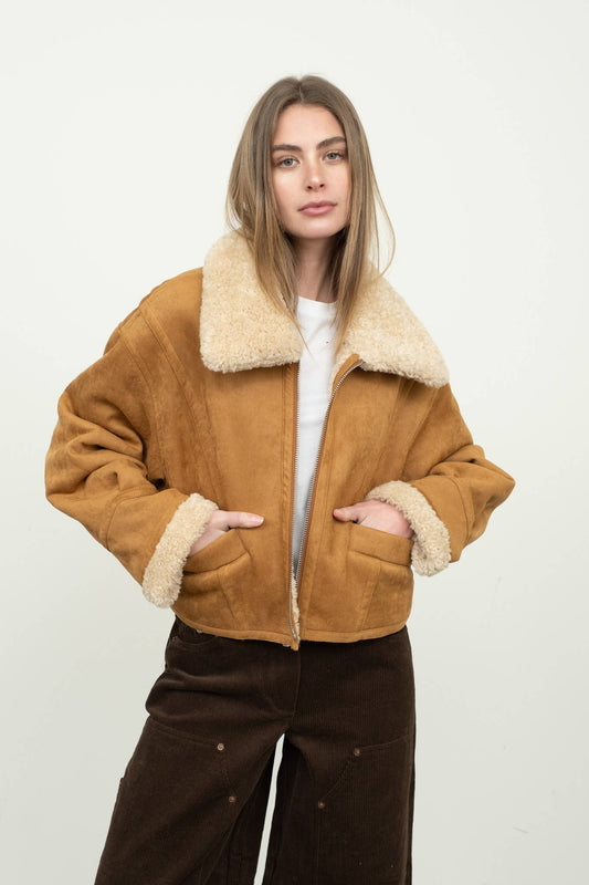 Tan Faux Shearling Suede Short Jacket