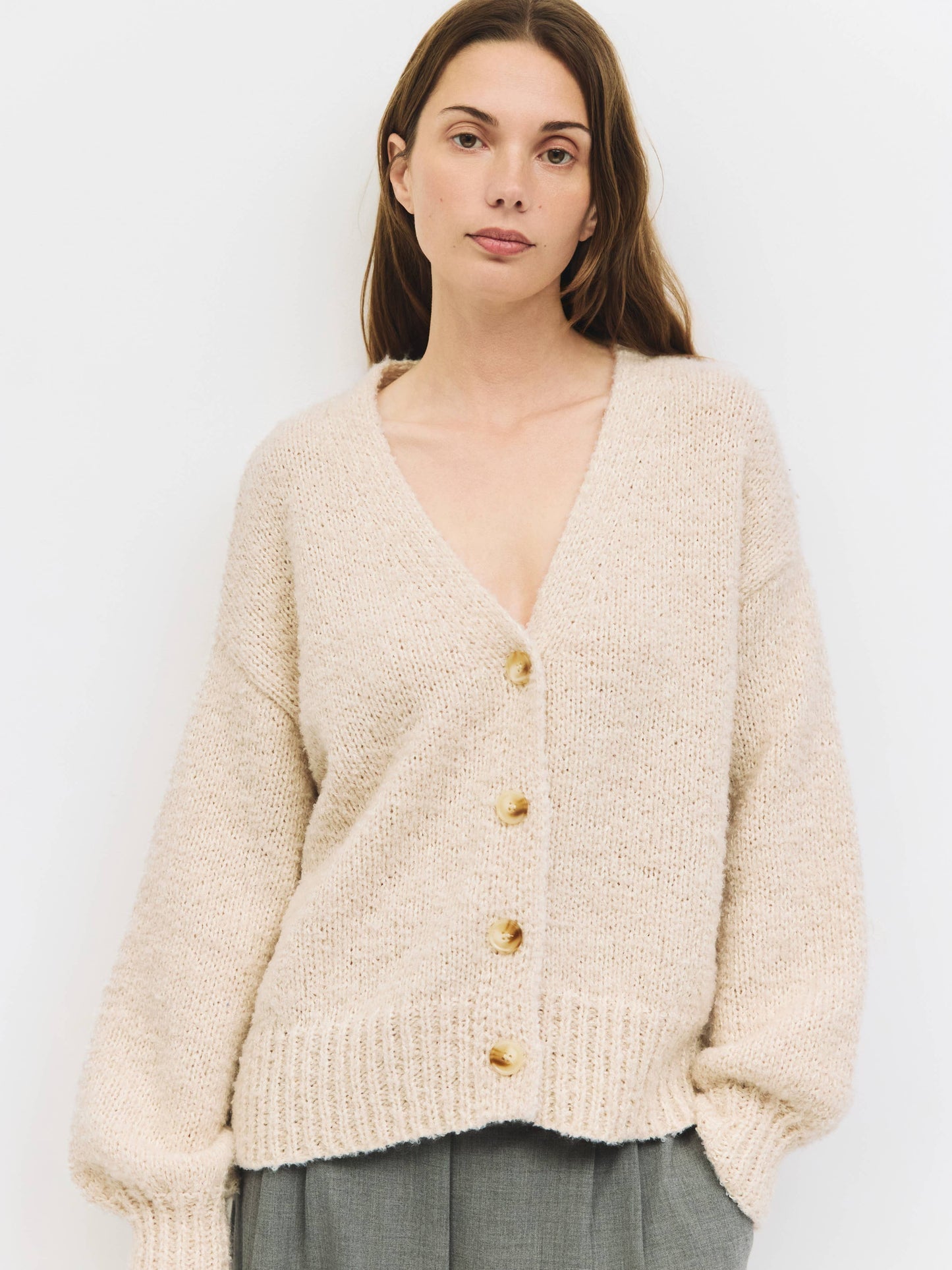 Boucle Knit V-Neck Cardigan Sweater