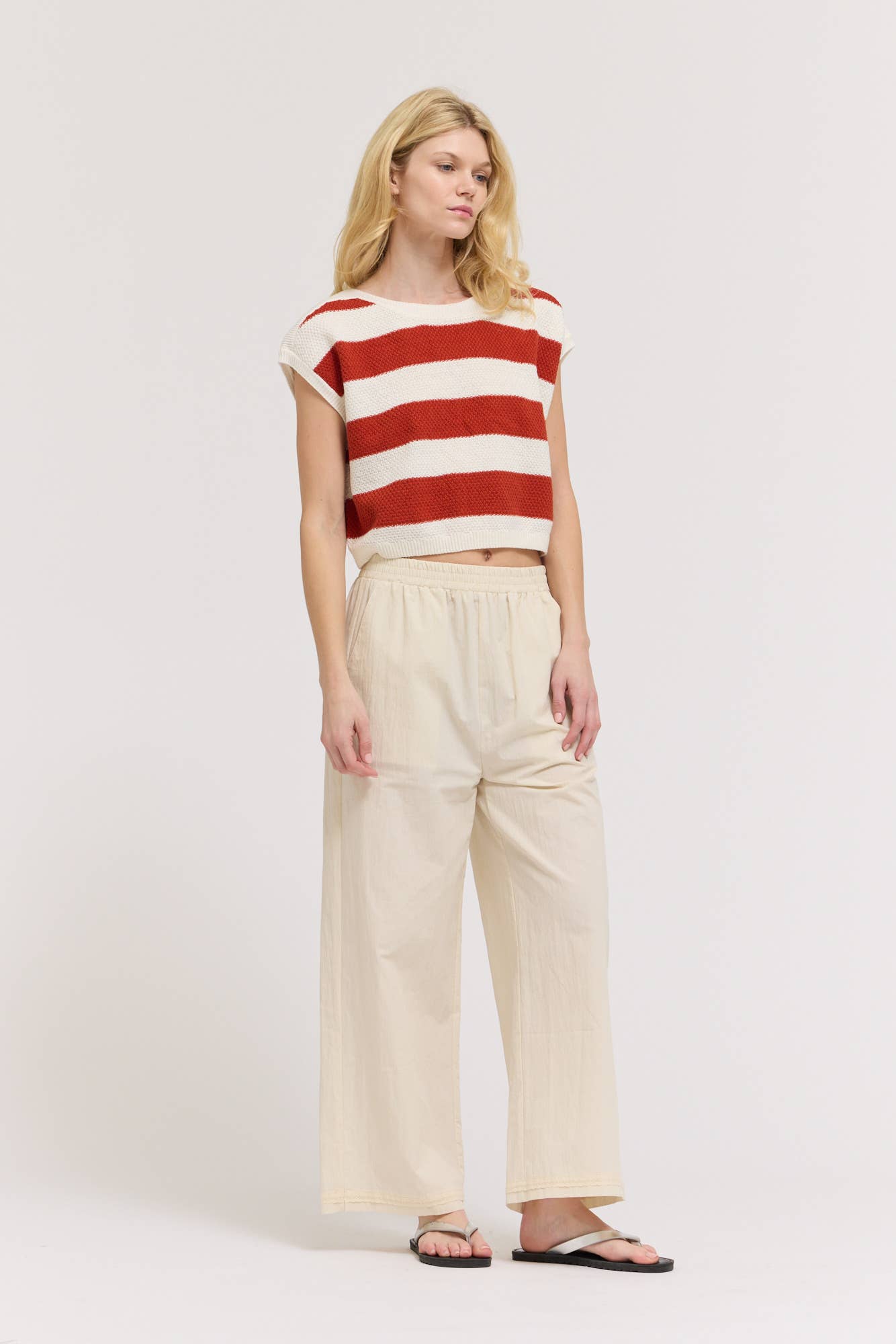 Red Stripe Drop Shoulder Cotton Knit Top