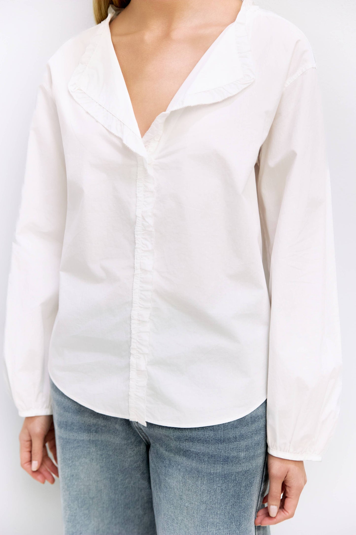 White Ruffle Button-Down Shirt