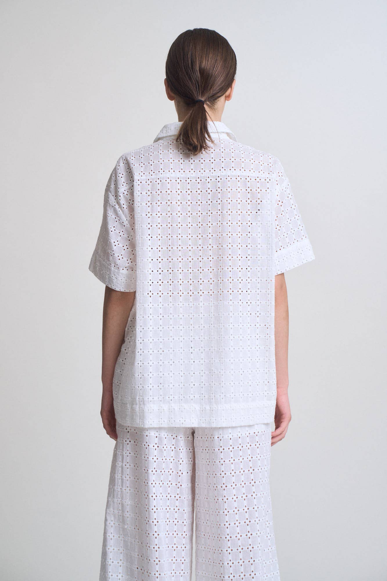 White Square Eyelet Short Sleeve Shirt