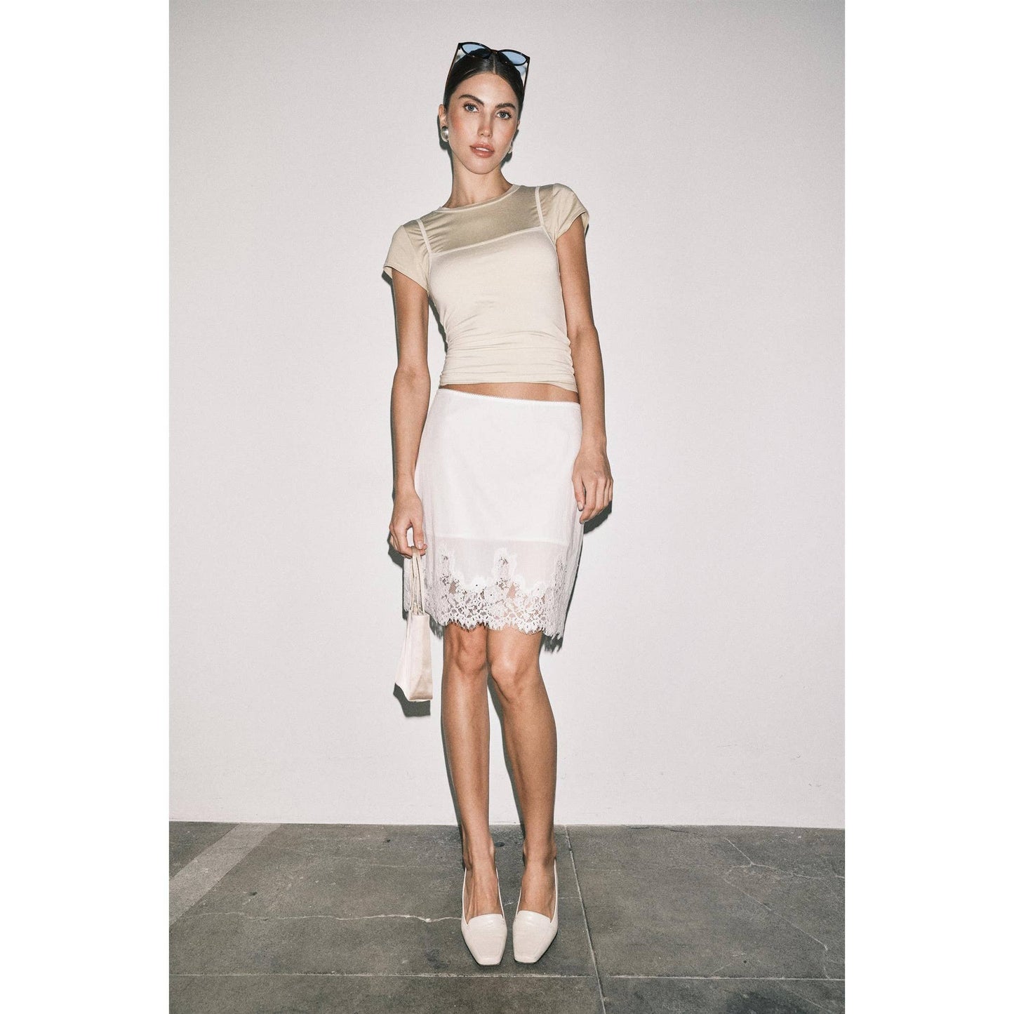 White Satin Lace-Hem Midi Slip Skirt