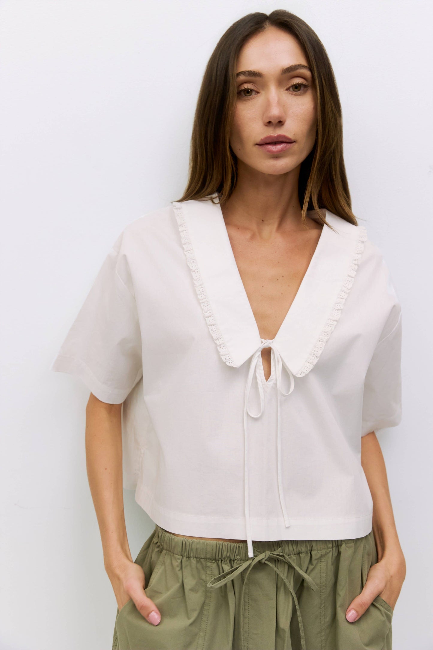 Poplin Lace Trim V Neck Boxy Top