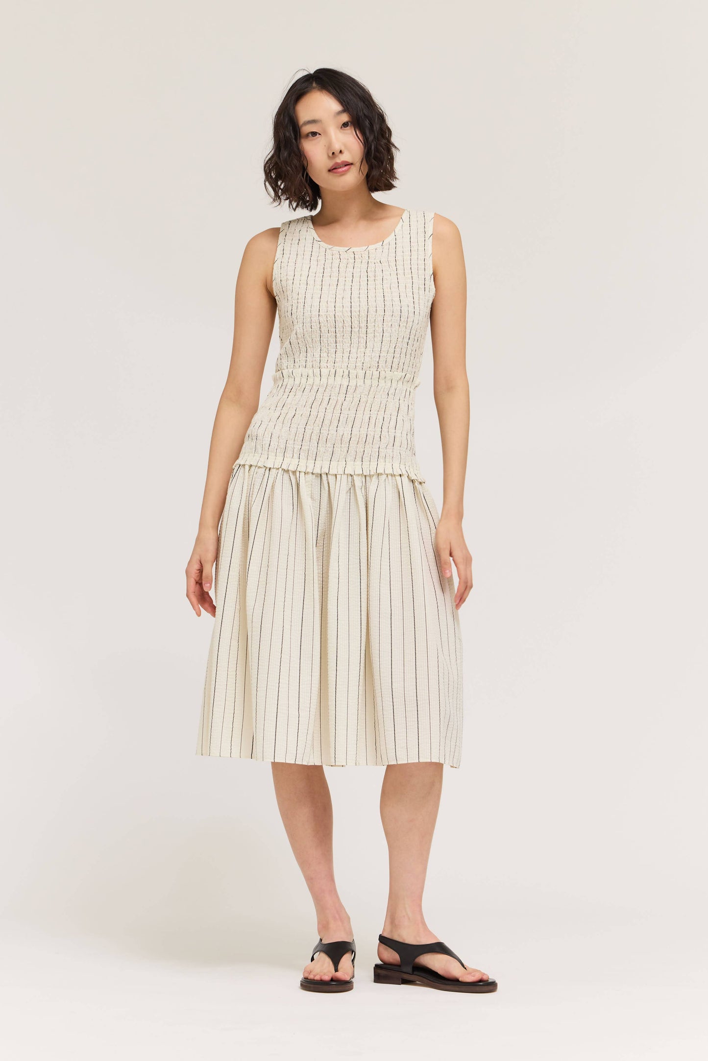 Cream Smocked Bodice Stripe Dress