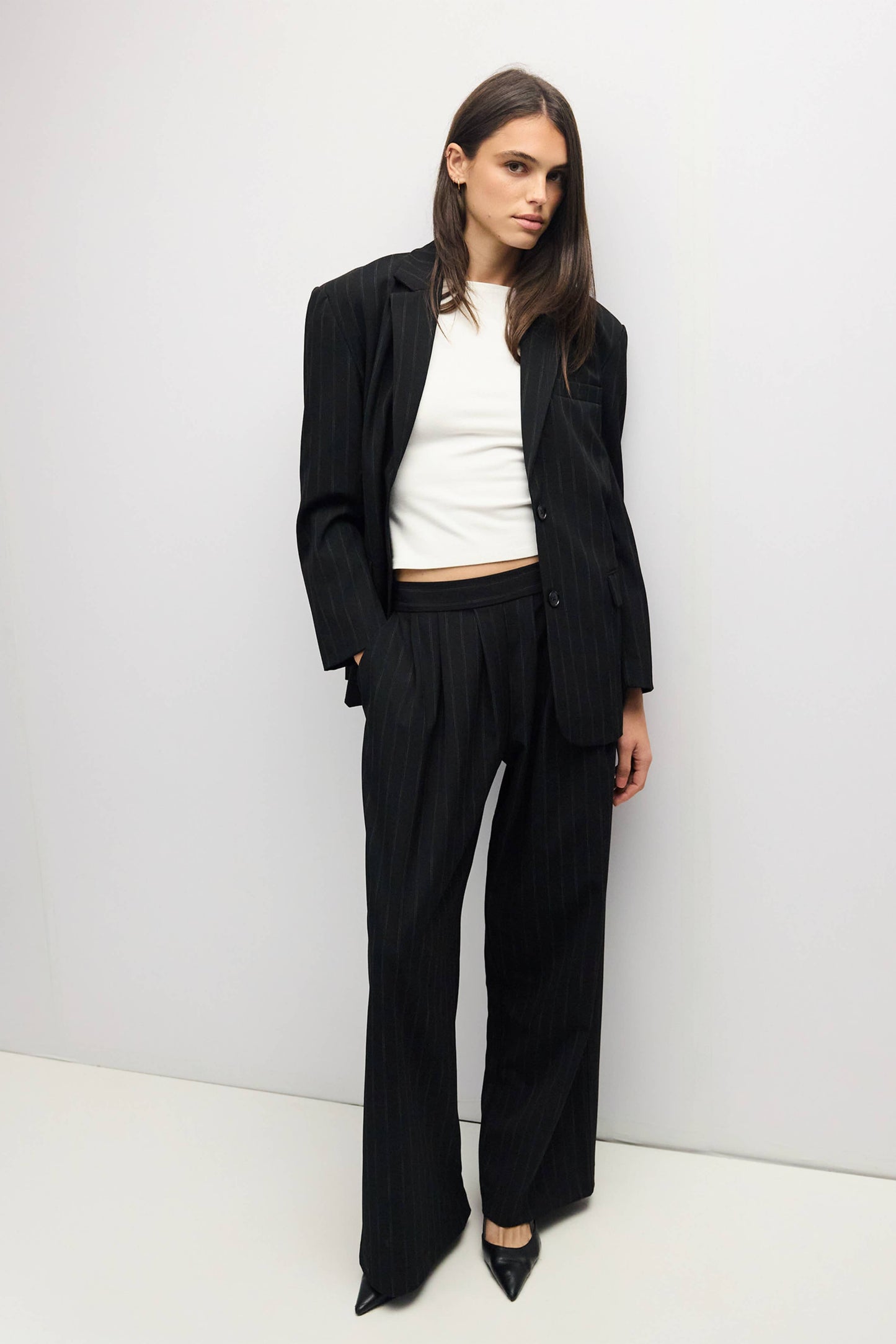 Black Pinstripe Pleated Wide Leg Pants