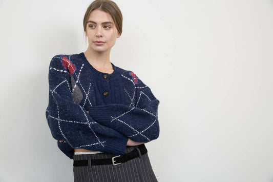 Navy Argyle Cardigan Sweater