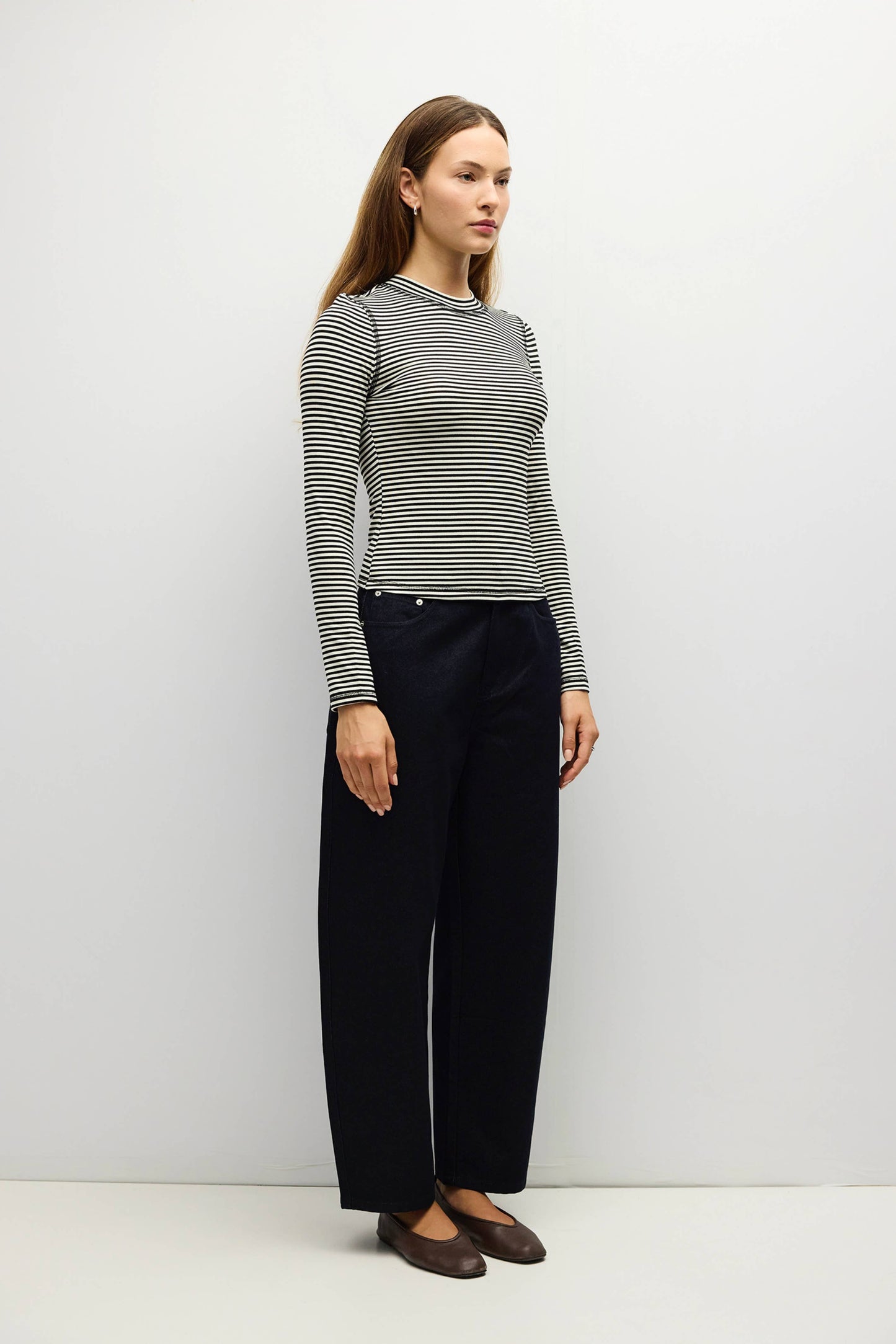 Mock Neck Striped Long Sleeve Tee