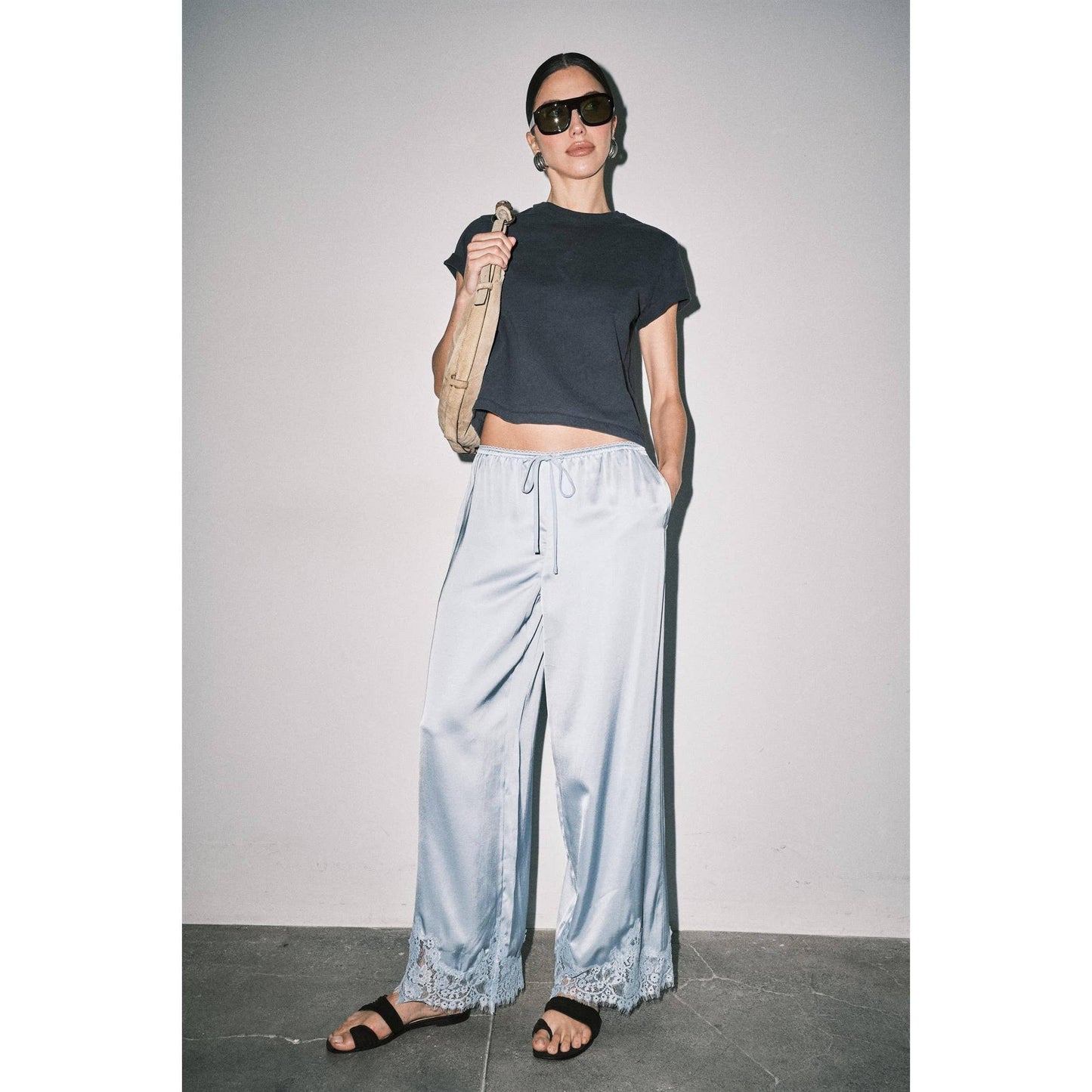Light Blue Satin Lace Wide Leg Pants