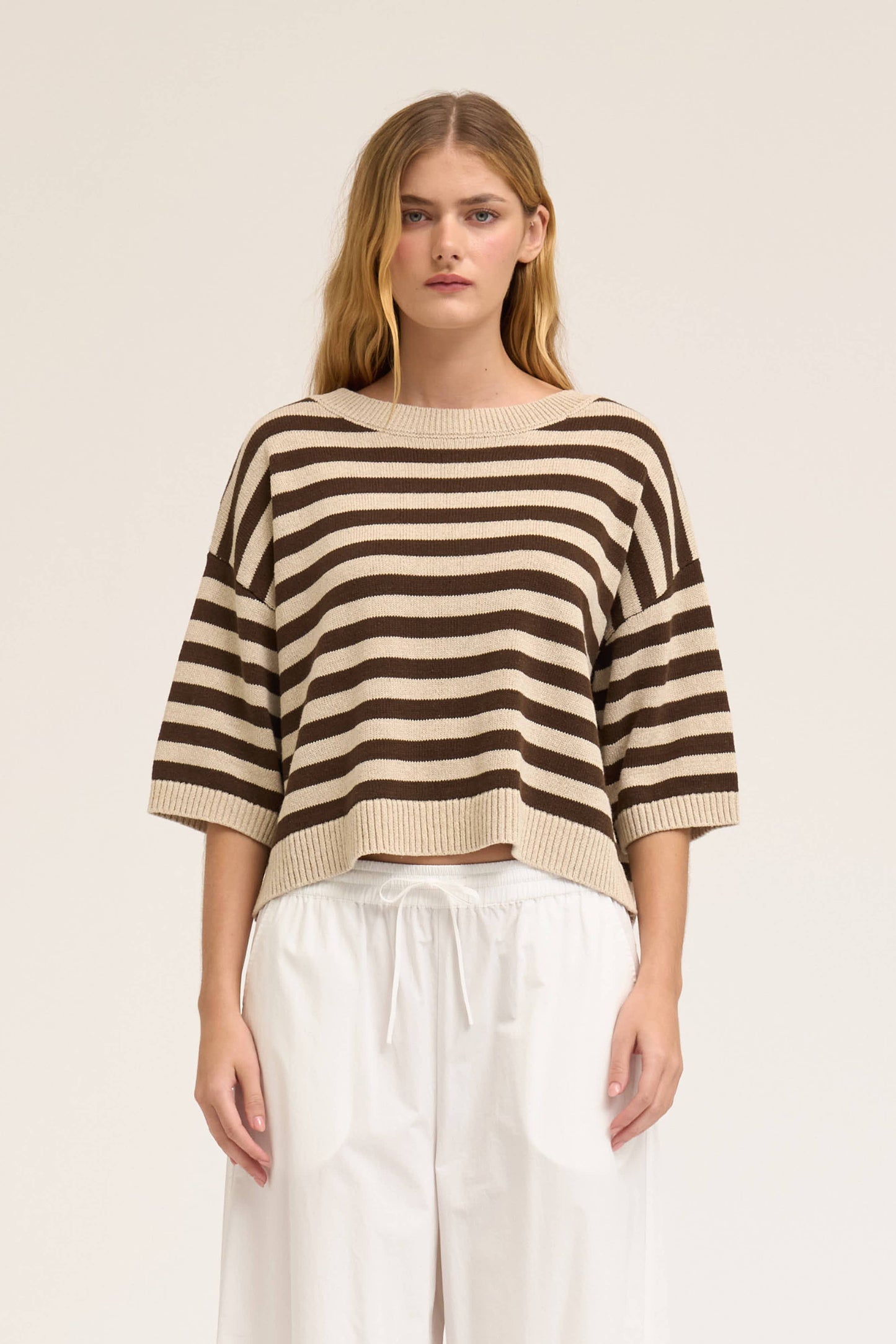 Linen Drop Shoulder Stripe Short Sleeve Knit Top