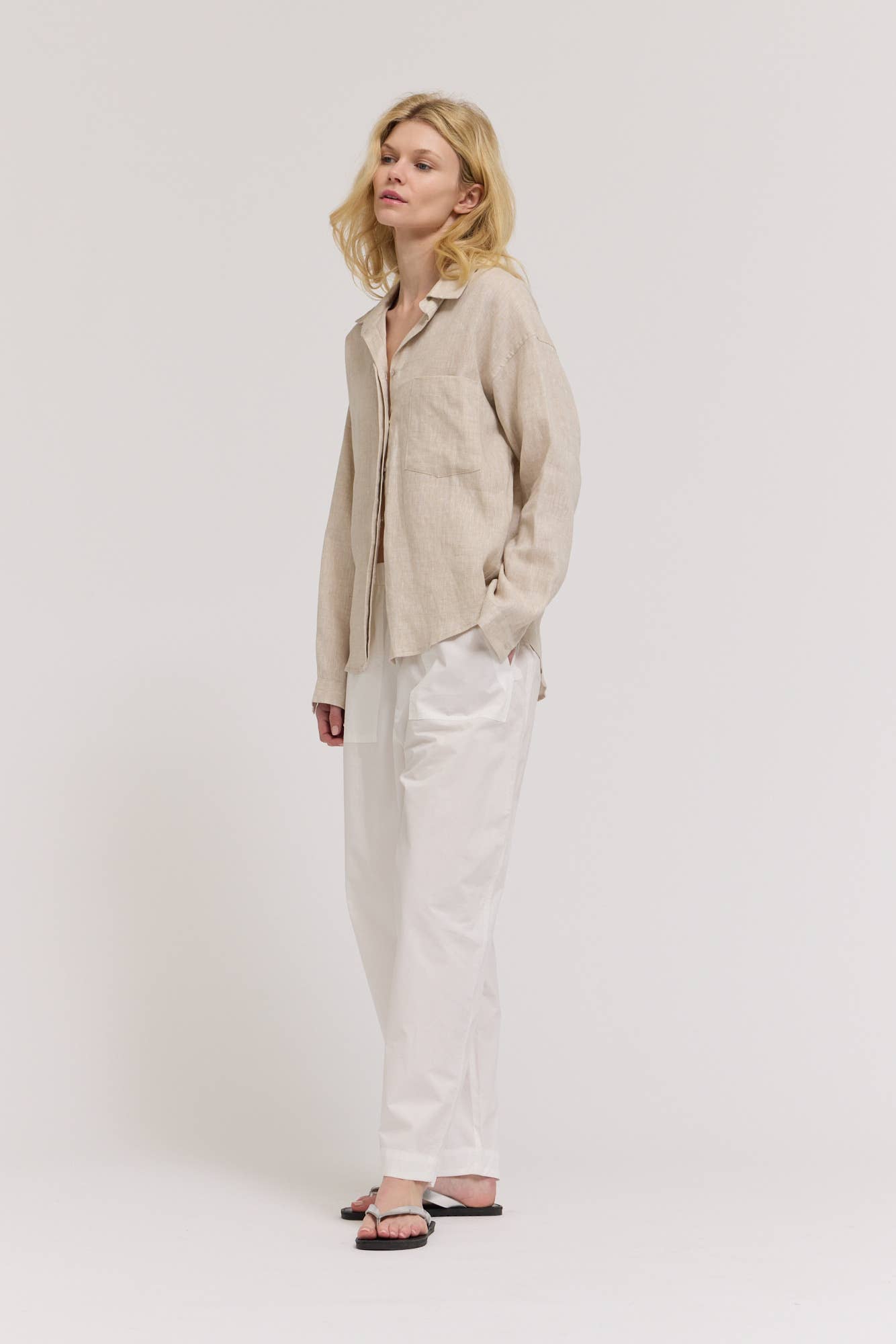 Open Collar Linen  Button-Up Shirt