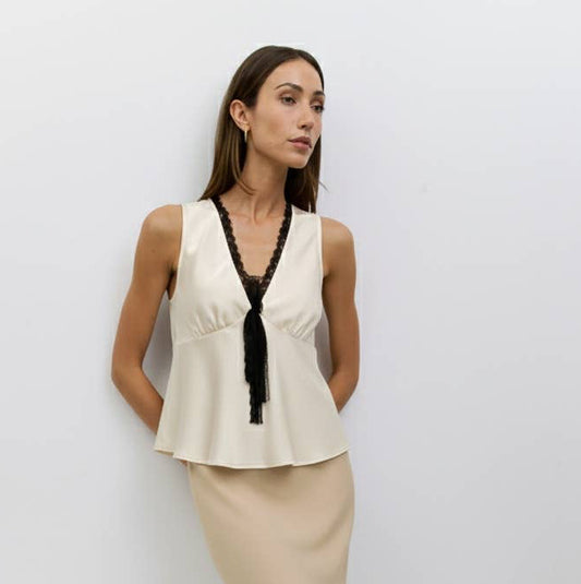 Cream Lace Trim Satin Tie Top
