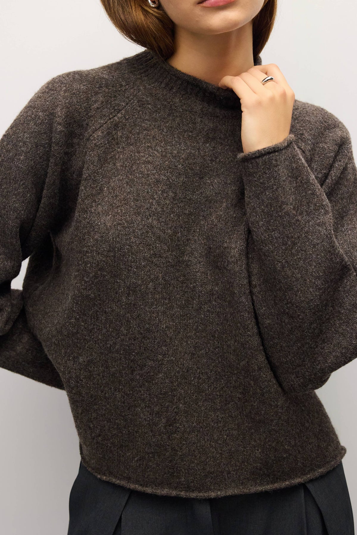 Brown Rolled Neck Raglan Pullover Sweater
