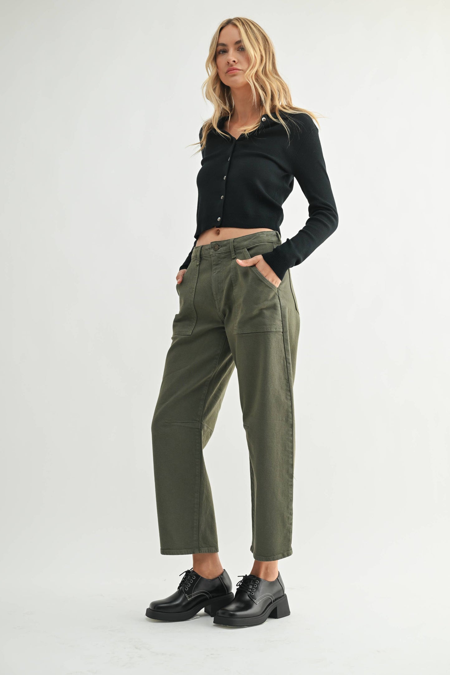 Dark Olive Mid Rise Utility Seamed Barrel Jean