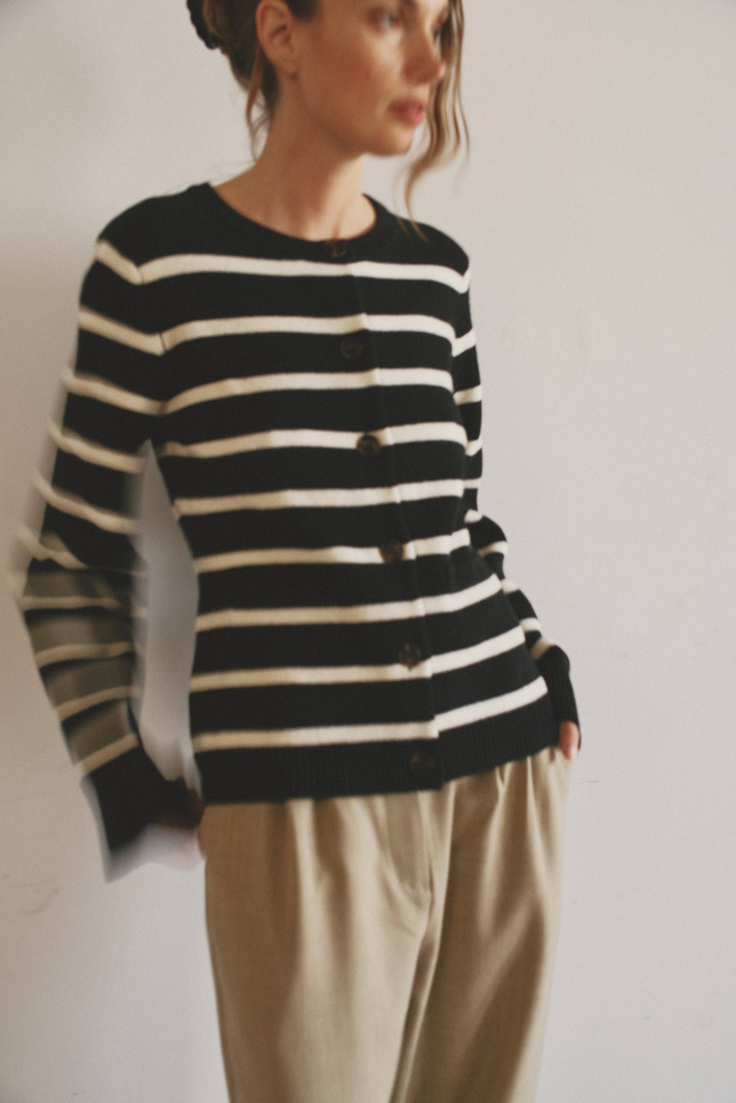 Black Striped Bell Sleeve Buttoned Cardigan