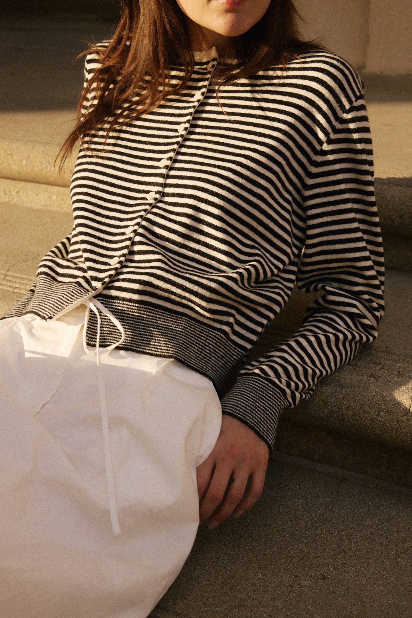 Striped Button Down Round Neck Cardigan