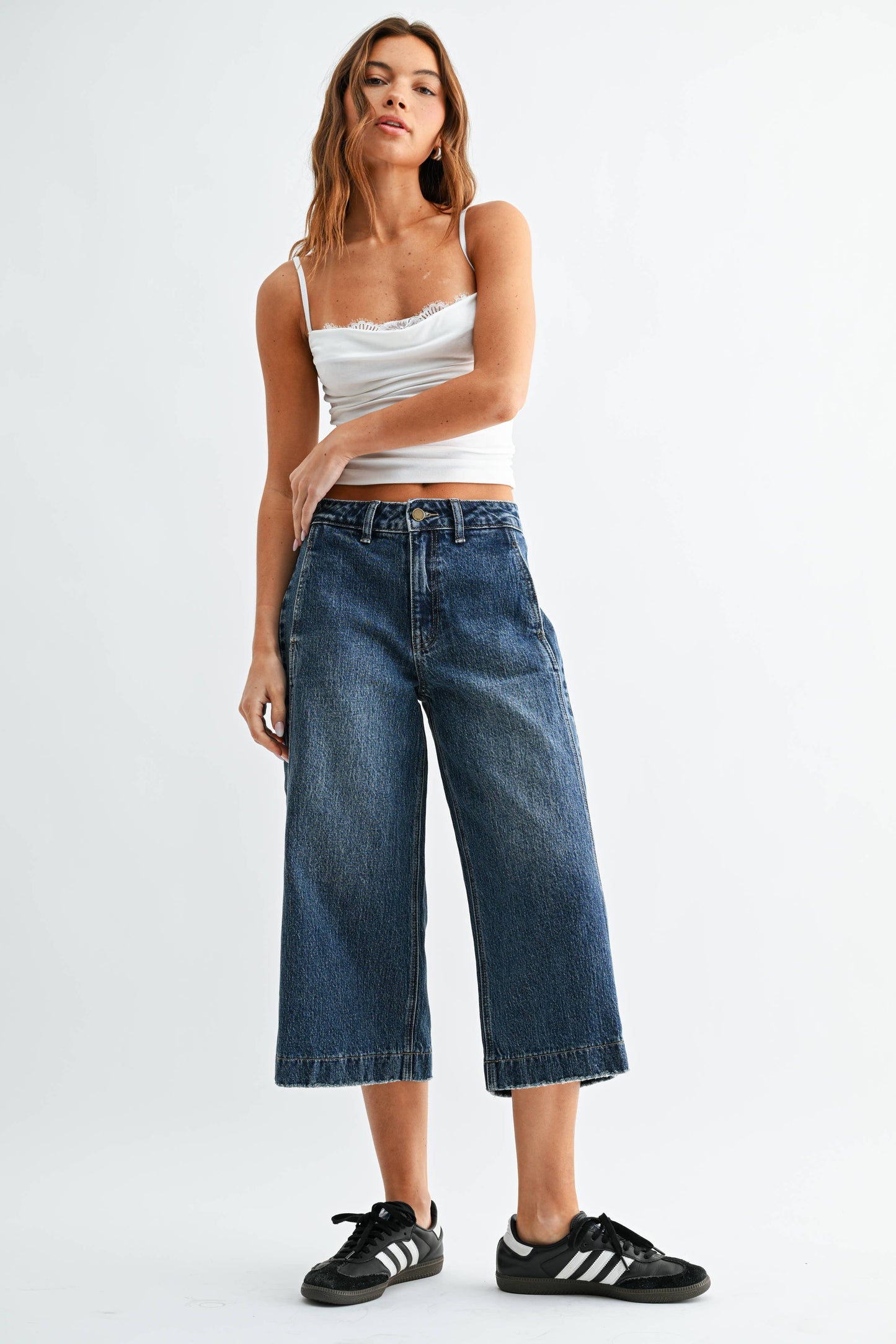 Dark Denim Sideseam Wide Capri