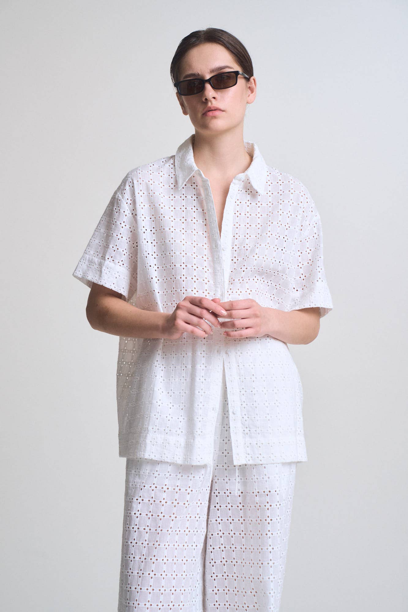 White Square Eyelet Short Sleeve Shirt