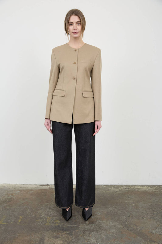 Taupe Collarless Tailored Blazer Jacket