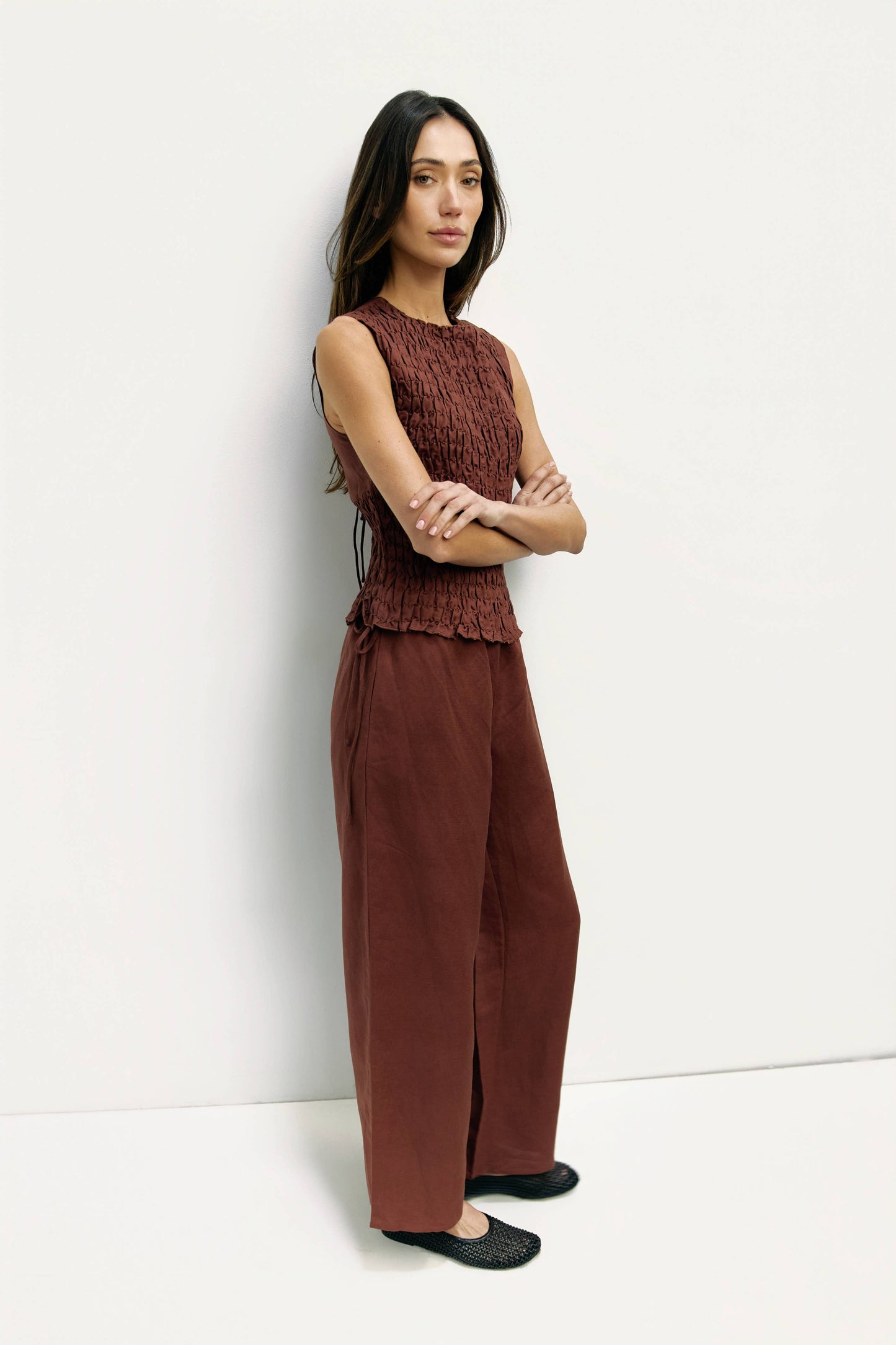 Brown Smocked Sleeveless Tie Back Top