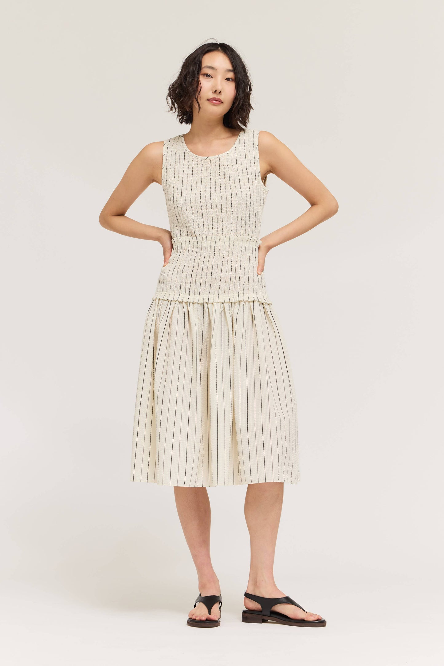 Cream Smocked Bodice Stripe Dress