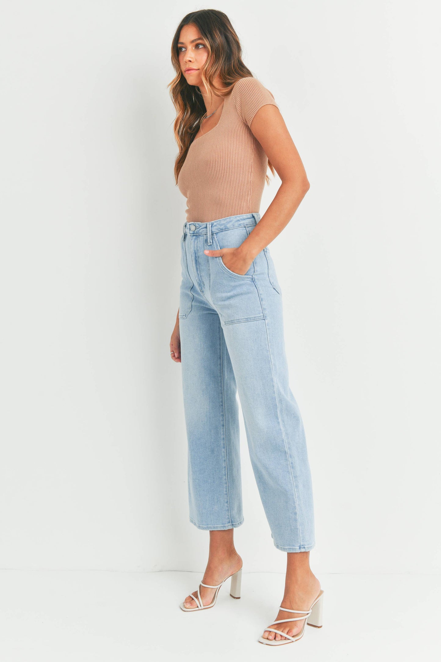 Light Wash Utility Pocket High-Rise Wide Leg Jean