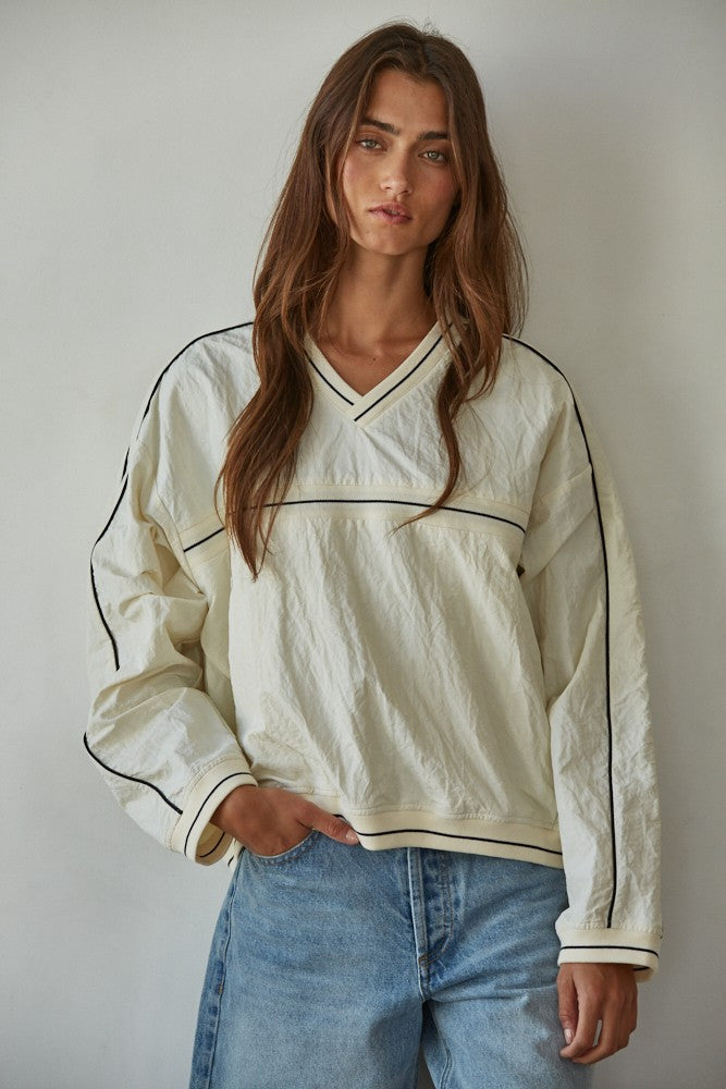 Cream Nylon Textured V-Neck Pullover