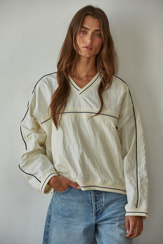 Cream Nylon Textured V-Neck Pullover