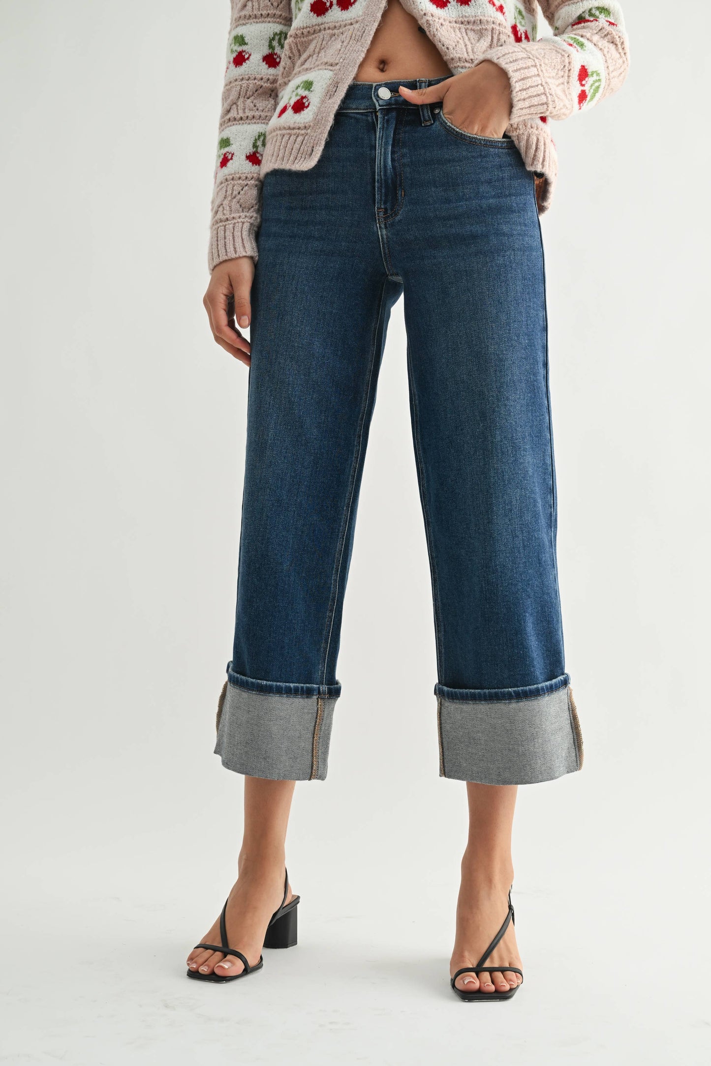 Dark Wash Slim Wide Cuffed Ankle Jean