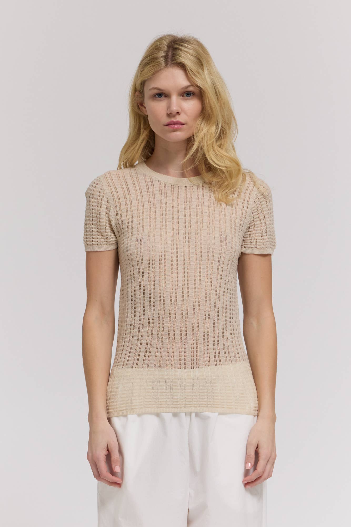 Beige Sheer Pointelle Knit Short Sleeve Top