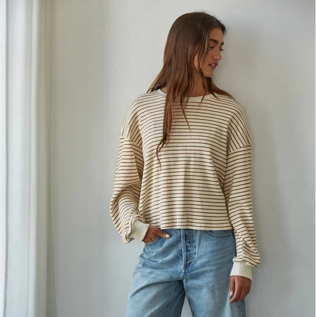 Striped Ribbed Crew Neck Long Sleeve Top