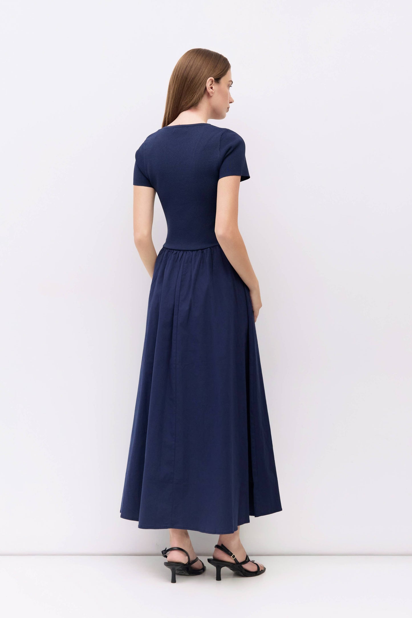 Navy Knit Short Sleeve Mixed Media Midi Dress