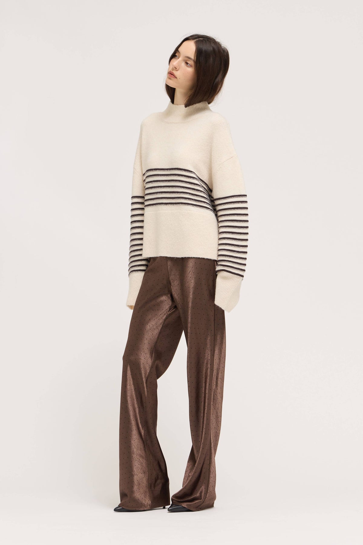Cream Striped High Neck Sweater