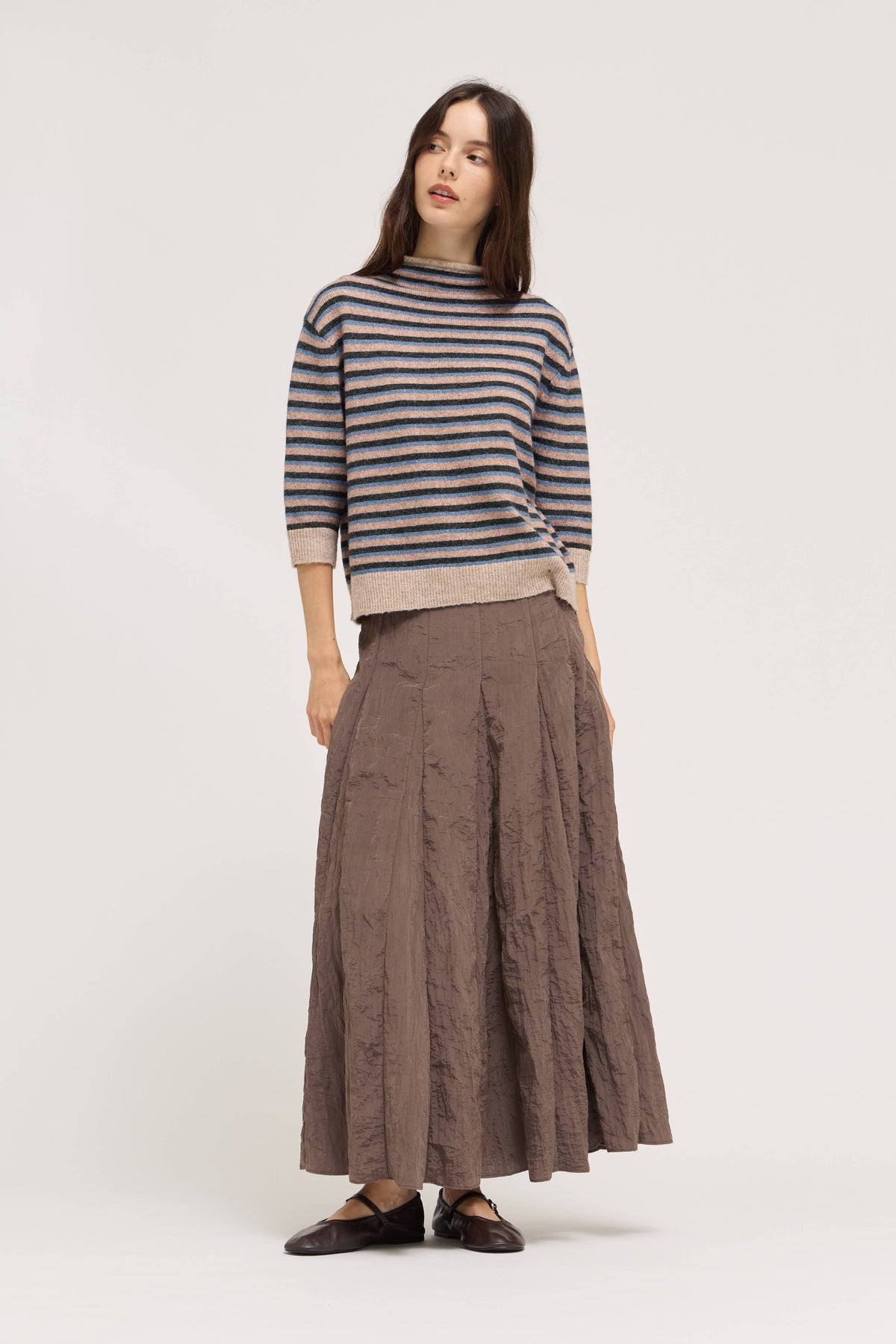 Striped Mock Neck Quarter Sleeve Sweater