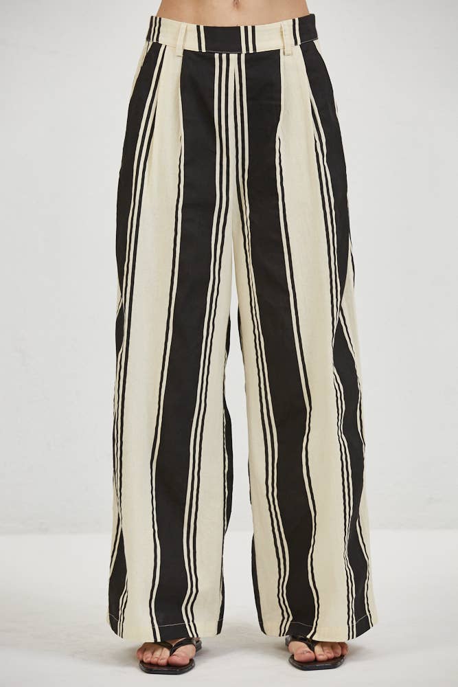 Striped Woven Linen Wide Leg Pants
