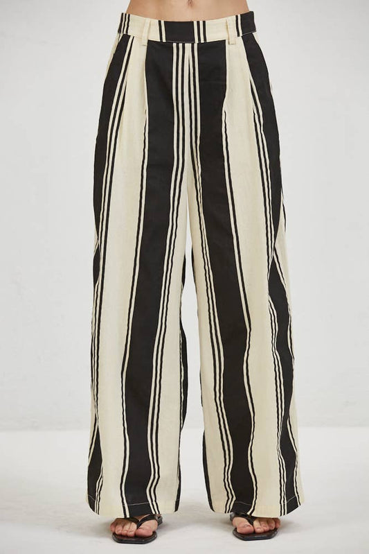 Striped Woven Linen Wide Leg Pants