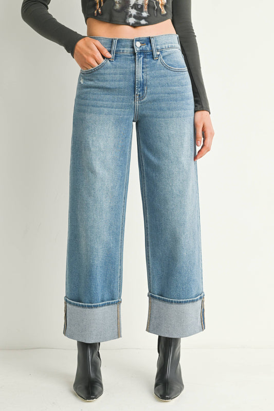 Medium Wash Slim Wide Cuffed Ankle Jean