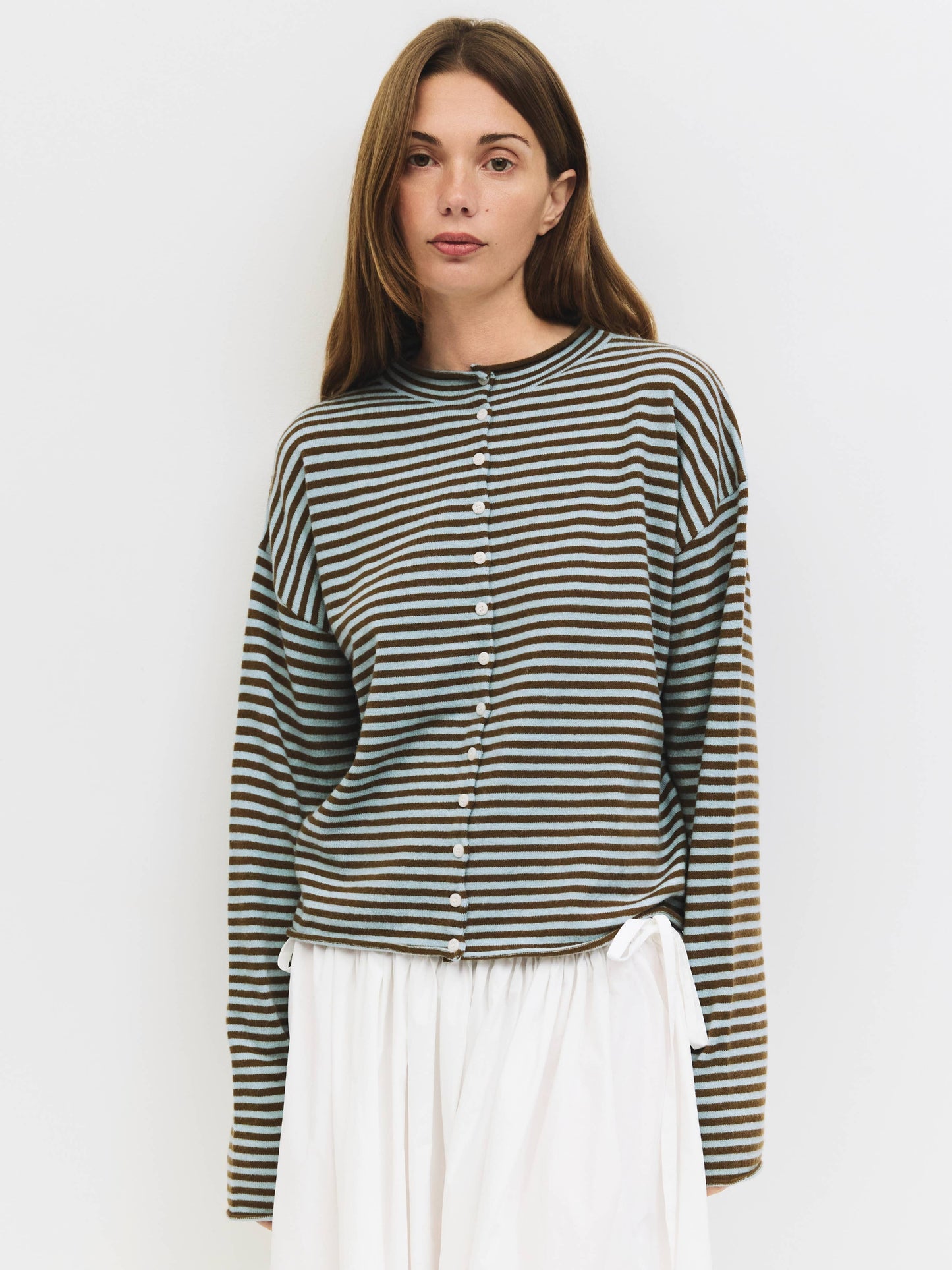 Rolled Edge Striped Button-Down Cardigan