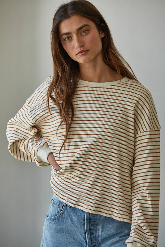 Striped Ribbed Crew Neck Long Sleeve Top
