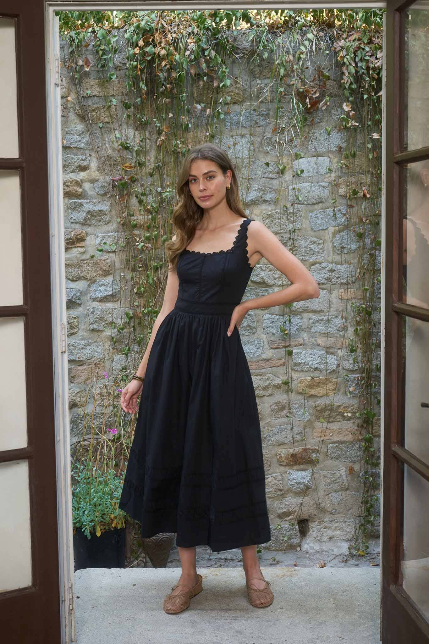 Black Lace Trim Detail Midi Dress