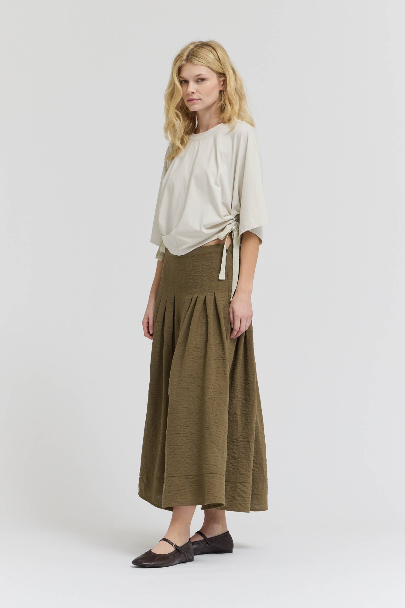 Olive Pintuck Waist Mermaid Skirt
