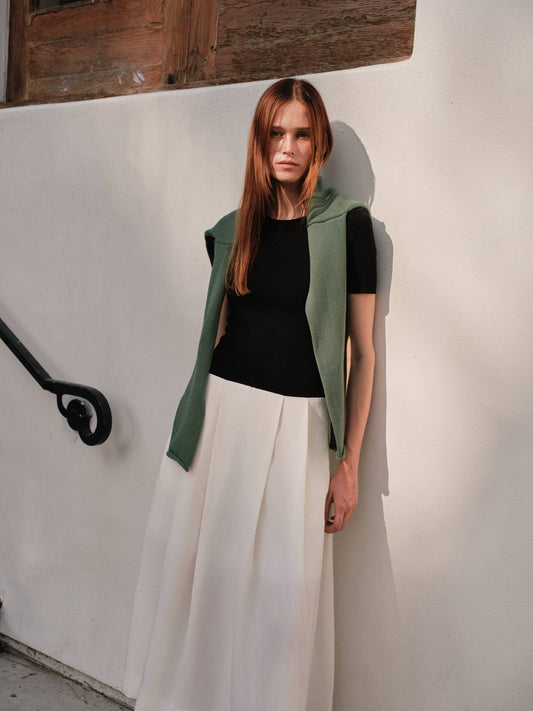 Black and Ivory Mixed Media Pleated Midi Dress