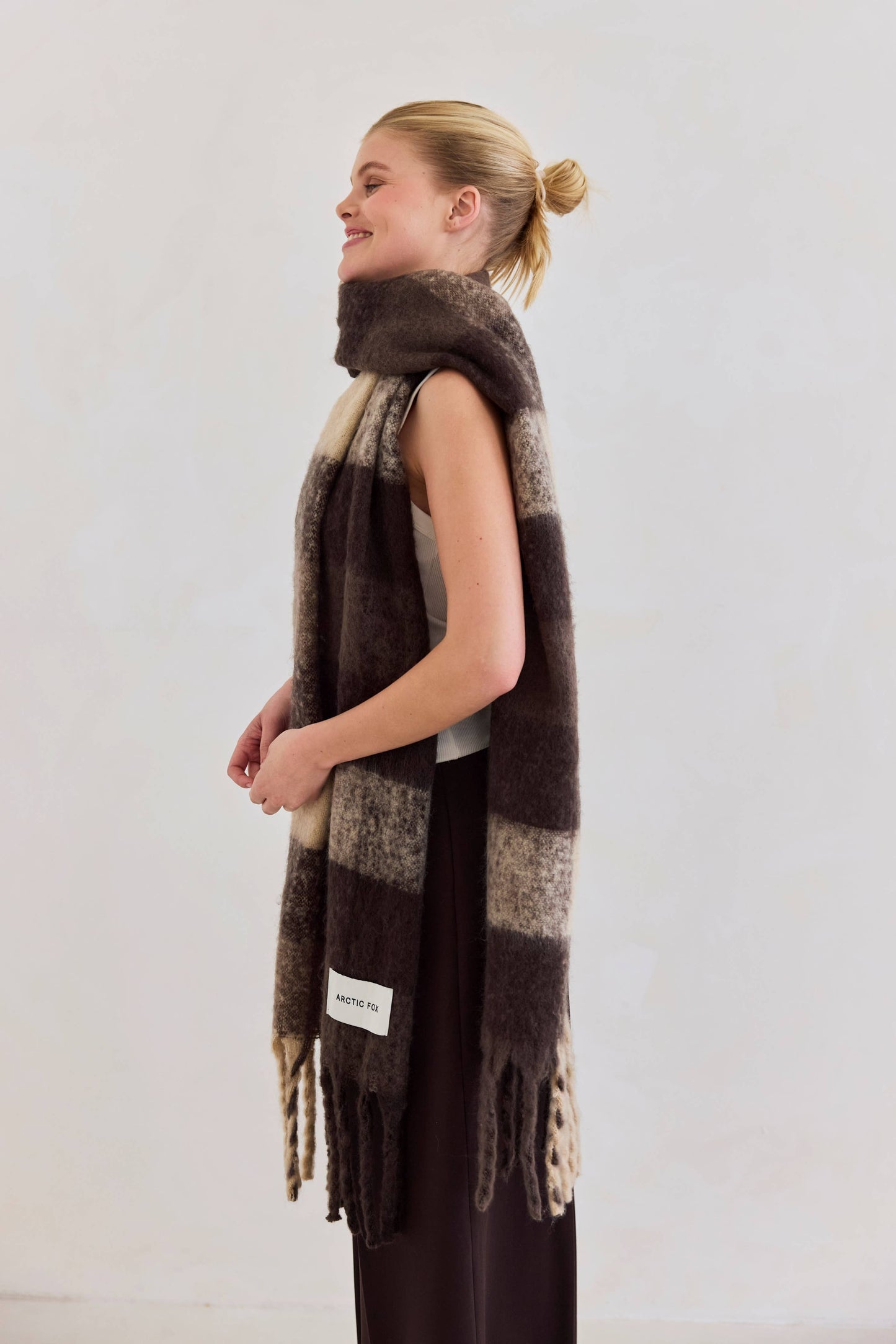 Brown Brushed Plaid Oversized Scarf